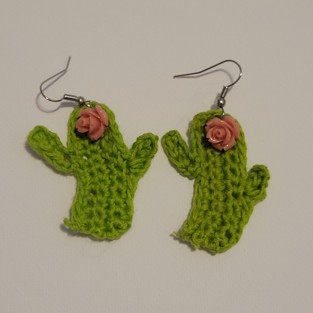 Handmade Crochet Cactus Earrings with Flor…